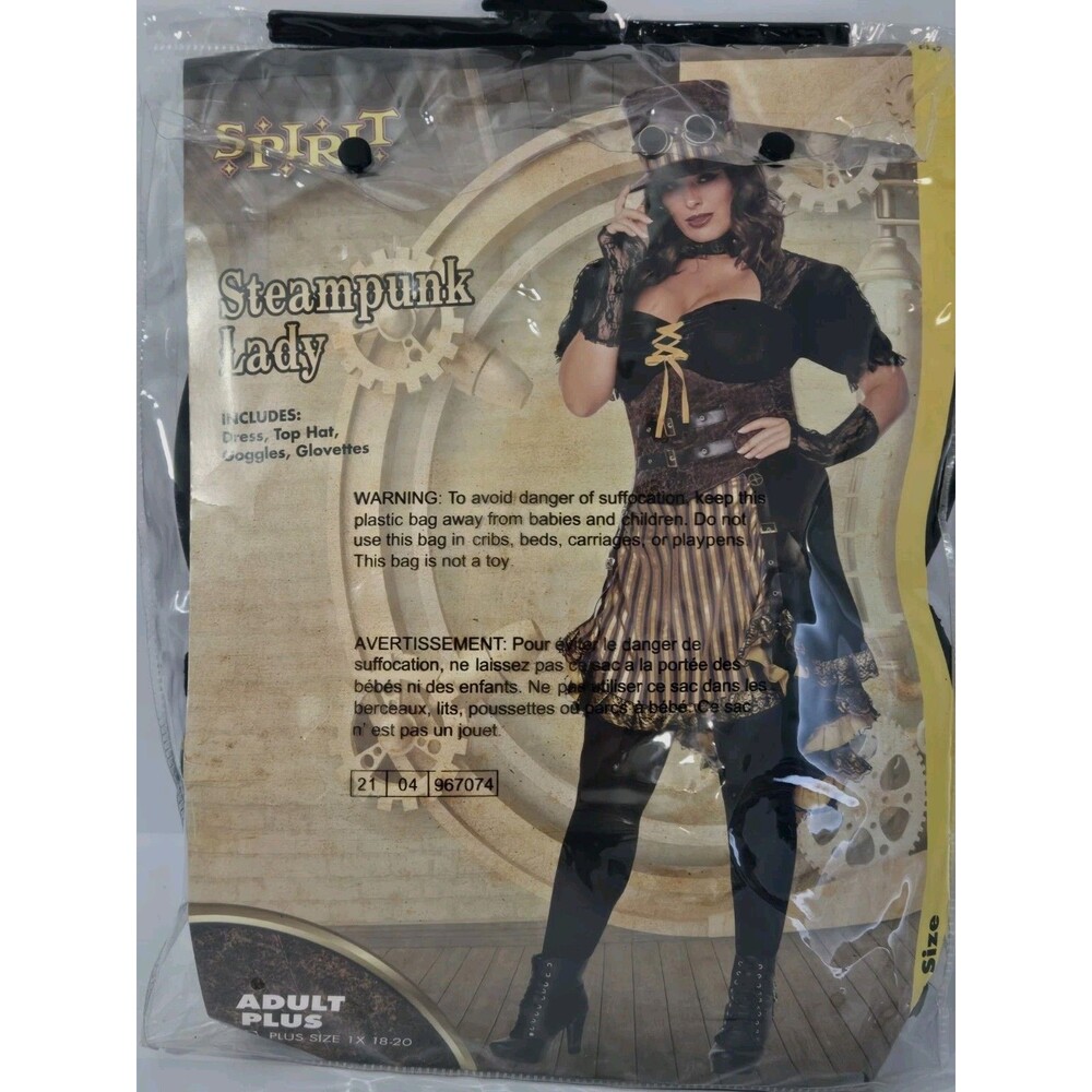 Spirit Halloween Steampunk Lady Costume Plus 1X 18-20 Dress Hat Goggles Gloves